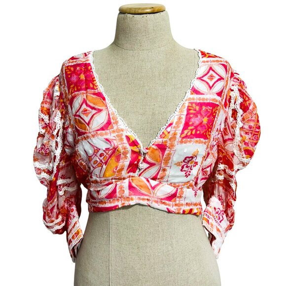 Hemant & Nandita Womens Medium Puff Sleeve Work Cropped Top - Picture 1 of 11